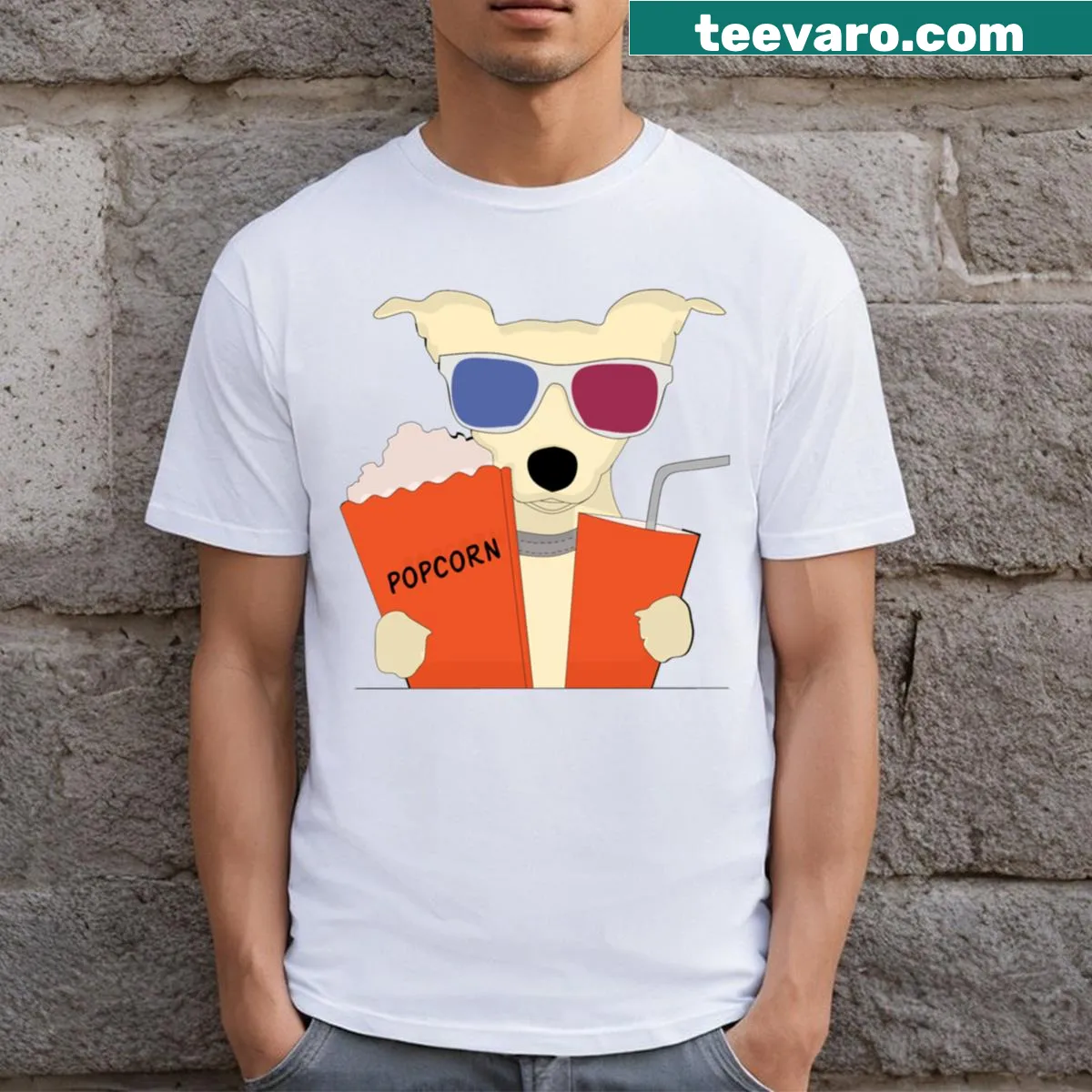 Graphic Dog Movie Buff t-shirt with playful text — on a men's t-shirt
