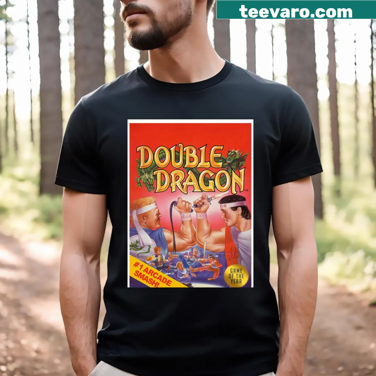 Graphic featuring Double Dragon game design on t-shirt — on a men's t-shirt
