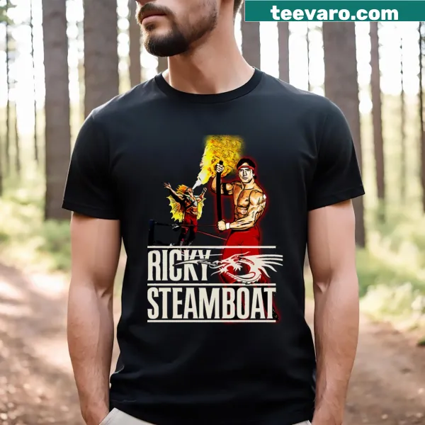 Dynamic graphic of Ricky Steamboat on a wrestling t-shirt