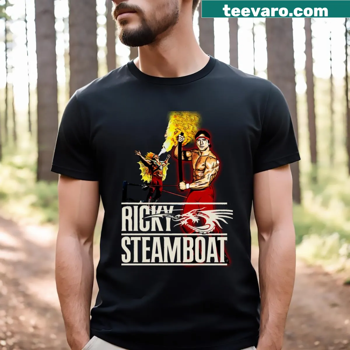 Dynamic graphic of Ricky Steamboat on a wrestling t-shirt — on a men's t-shirt