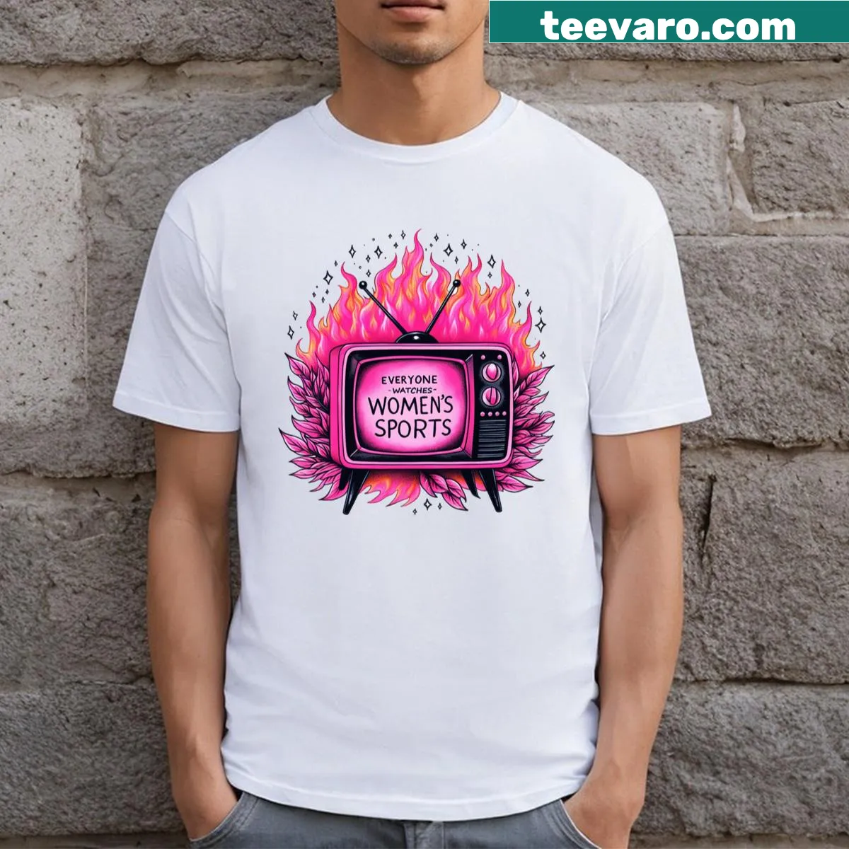T-shirt with a playful slogan about everyone watching sports — on a men's t-shirt