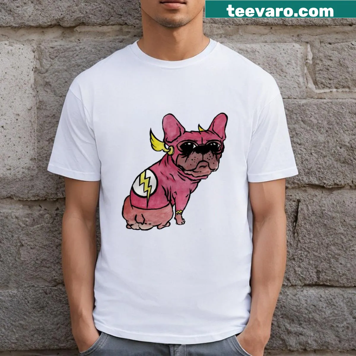 Cartoon French Bulldog superhero on a T-shirt — on a men's t-shirt