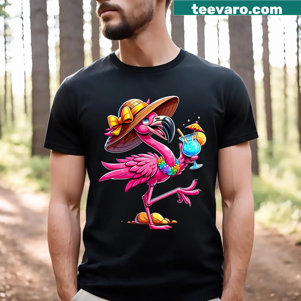 Humorous flamingo illustration for kids' luau t-shirt — on a men's t-shirt