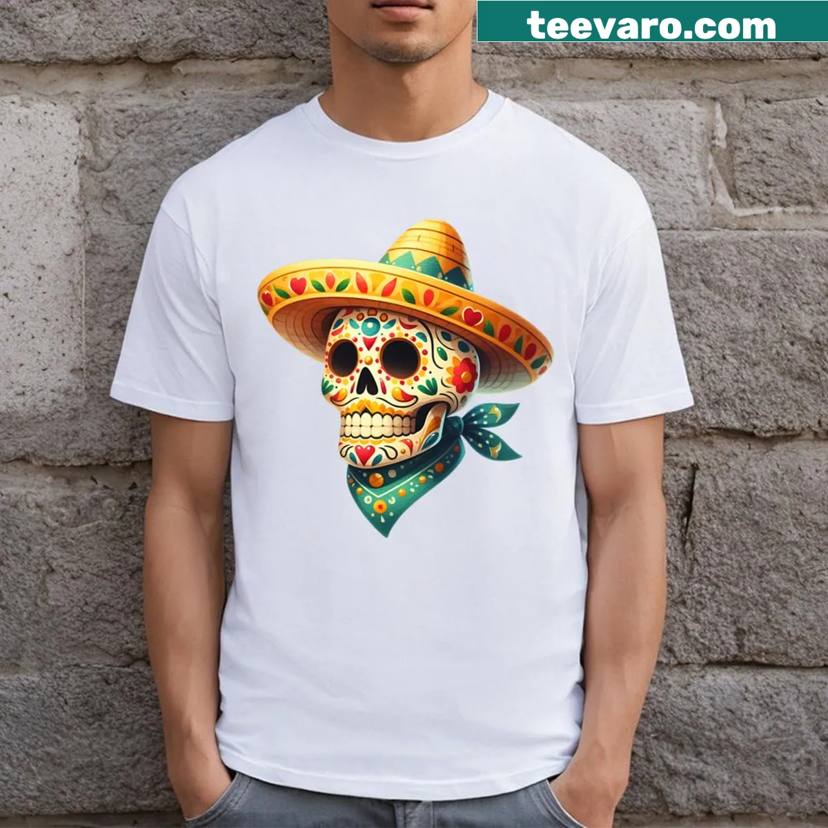 Playful skeleton design for Cinco de Mayo t-shirt — on a men's t-shirt