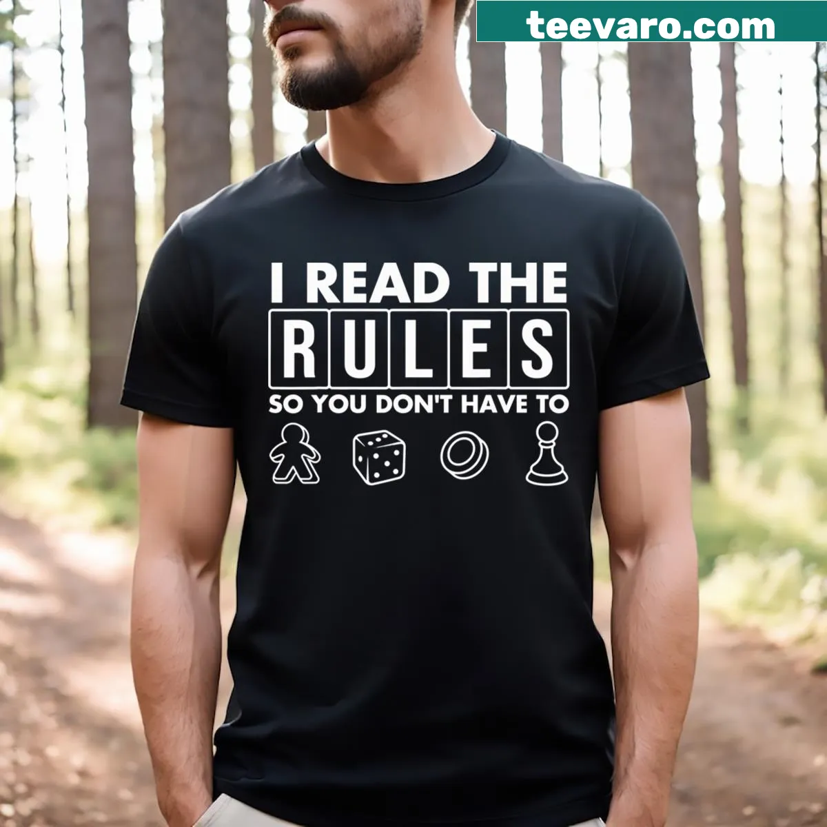 Text graphic on I read the rules board game t-shirt — on a men's t-shirt