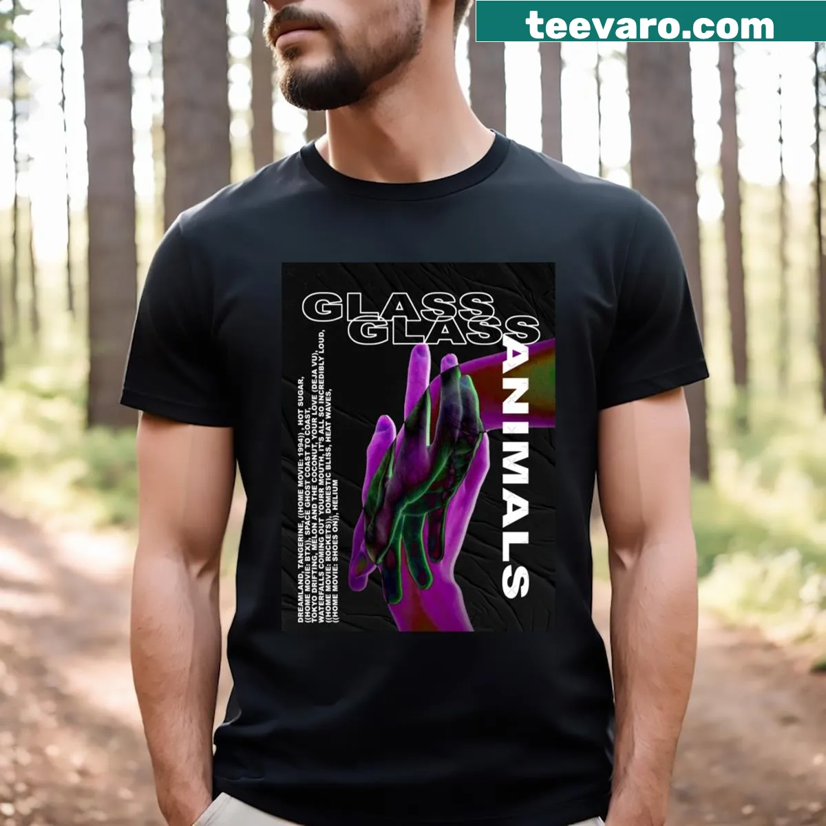 Graphic T-shirt featuring design inspired by Glass Animals band — on a men's t-shirt