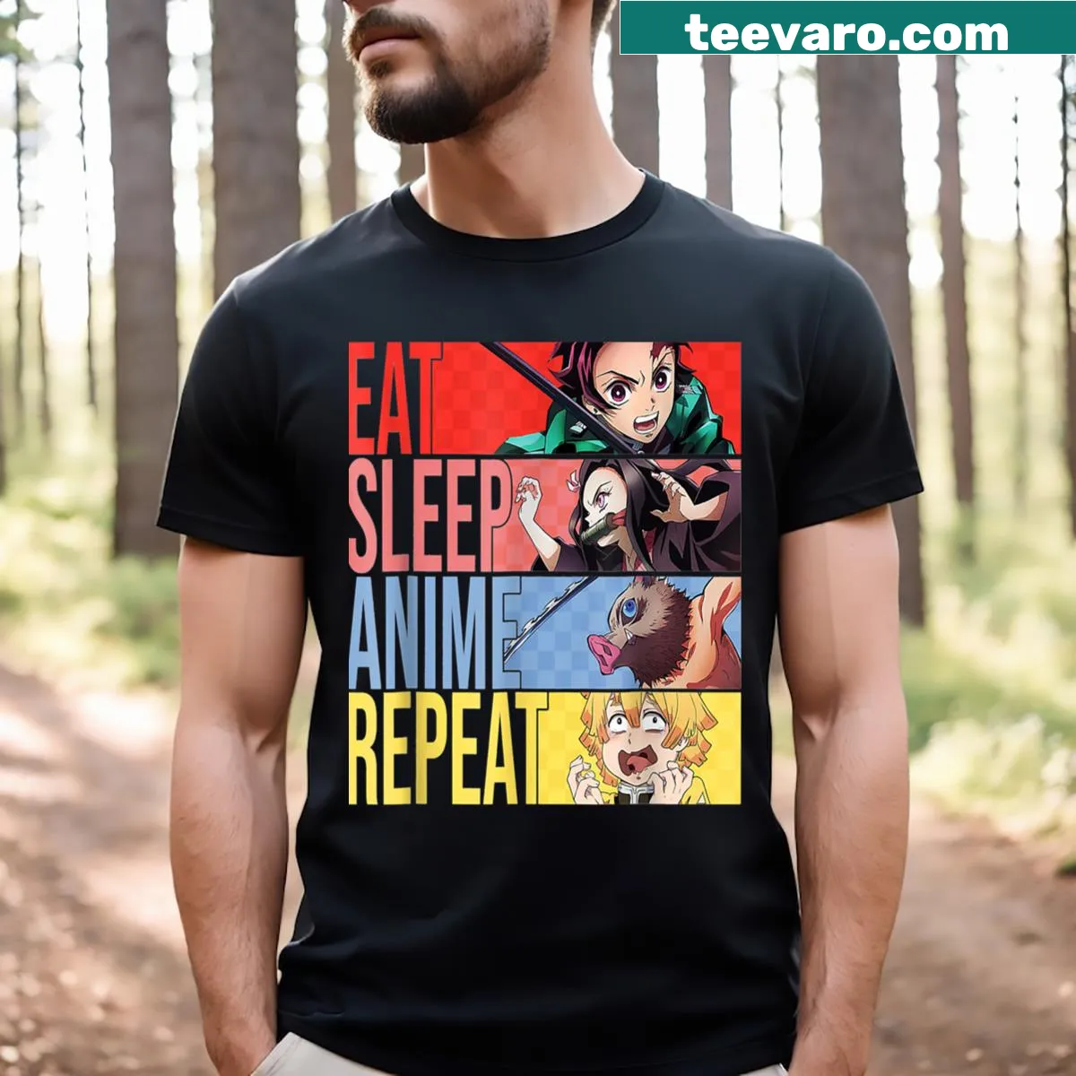 Anime Eat Sleep Repeat graphic t-shirt with slayer demon theme — on a men's t-shirt
