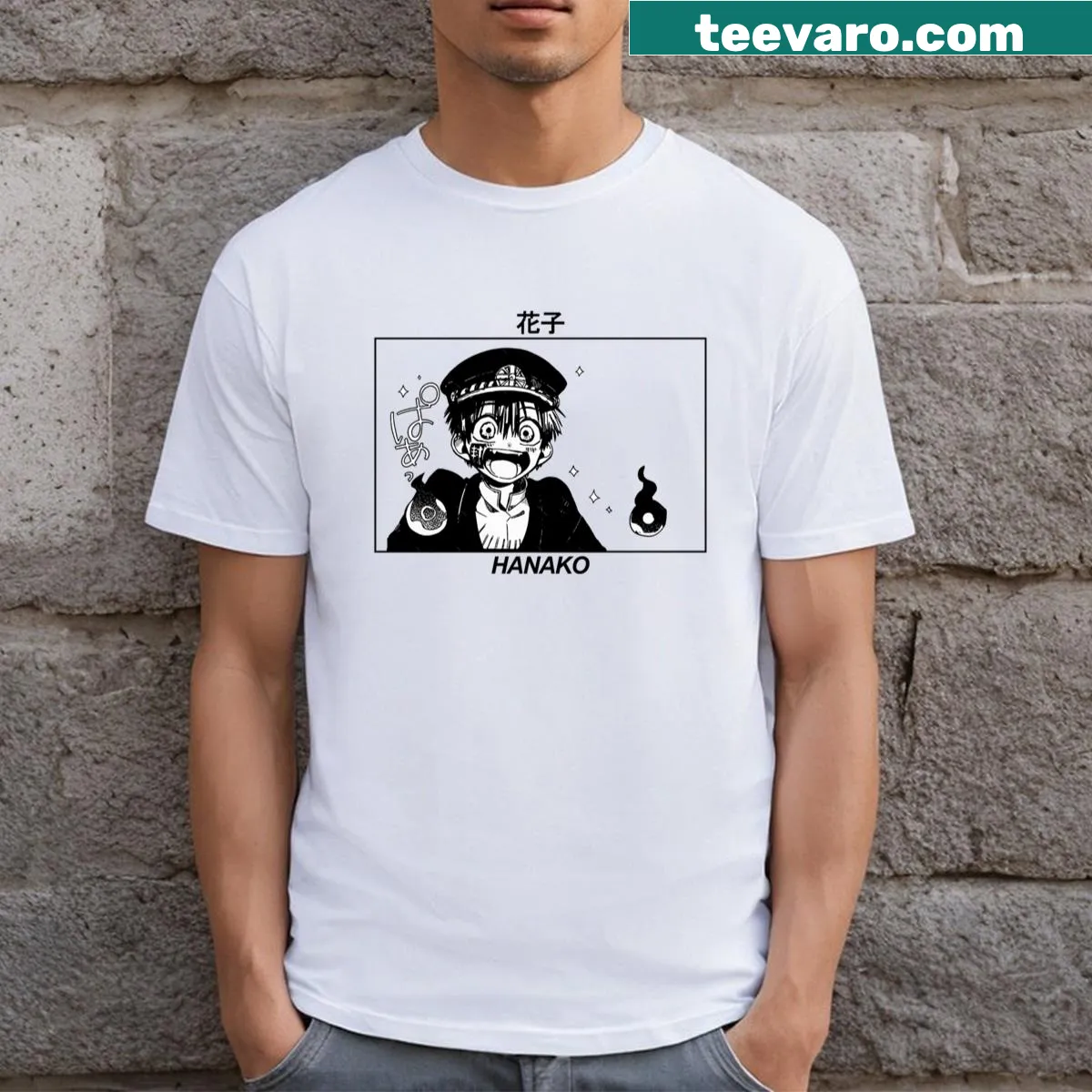 Illustrative design of Hanako Kun character on an anime t-shirt. — on a men's t-shirt