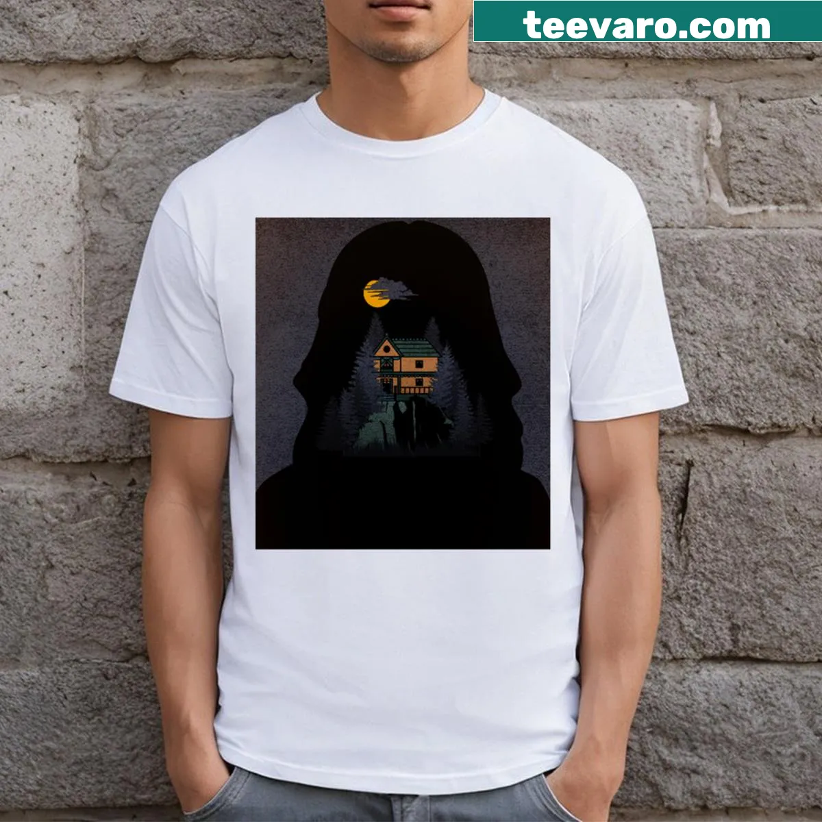 Graphic t-shirt featuring iconic horror movie imagery — on a men's t-shirt