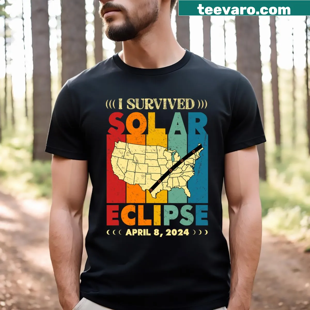 T-shirt commemorating the April 8 2024 solar eclipse — on a men's t-shirt