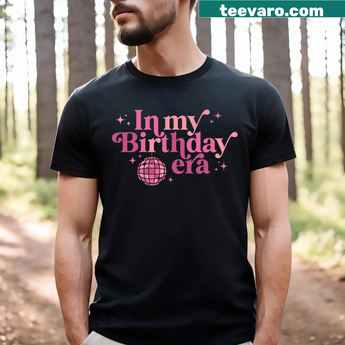 Birthday party T-shirt that says 'In My Birthday Era' in playful typography — on a men's t-shirt