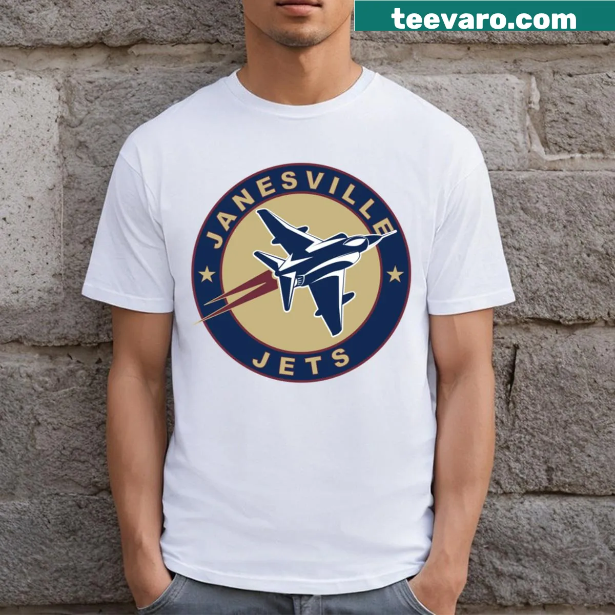 Janesville Jets t-shirt with bold team name — on a men's t-shirt