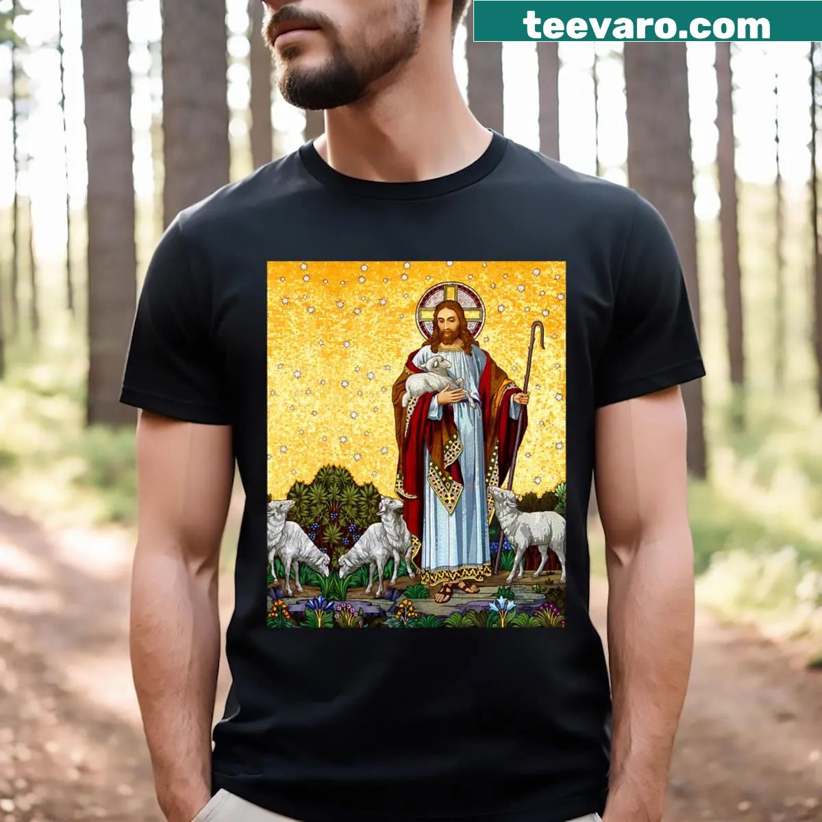 Christian t-shirt featuring 'Jesus the Good Shepherd' design — on a men's t-shirt