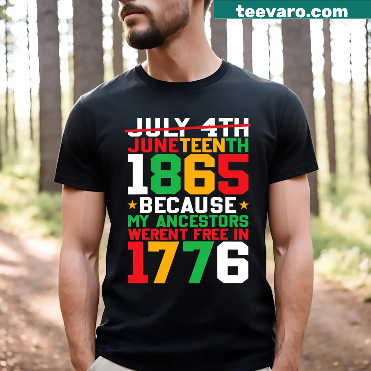T-shirt commemorating Juneteenth with a graphic celebrating freedom — on a men's t-shirt
