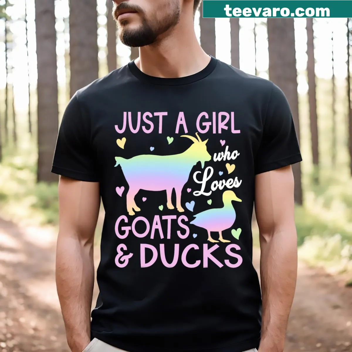 Cute T-shirt for girls featuring goats and ducks — on a men's t-shirt