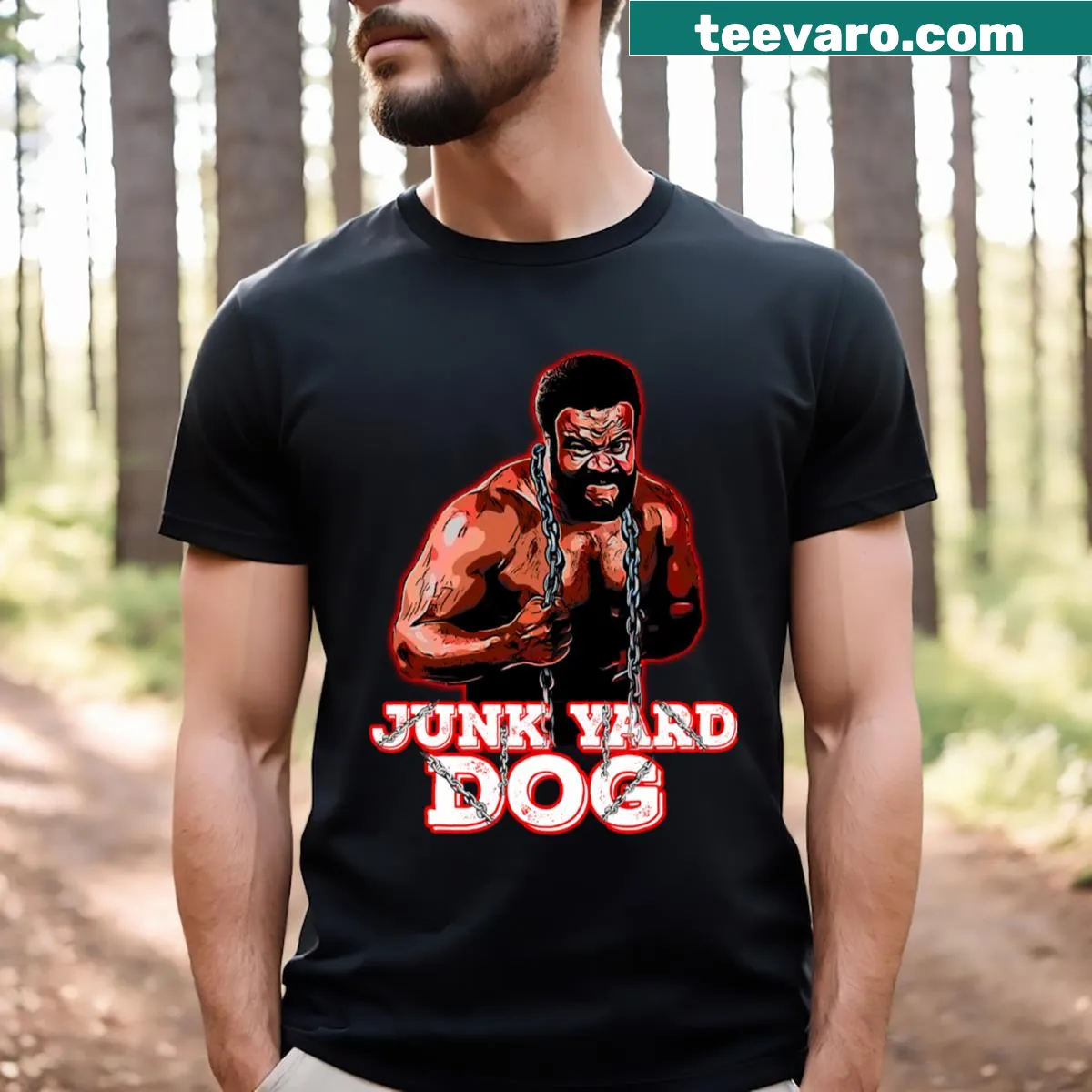 Junkyard Dog T-shirt featuring an illustration of a proud dog — on a men's t-shirt