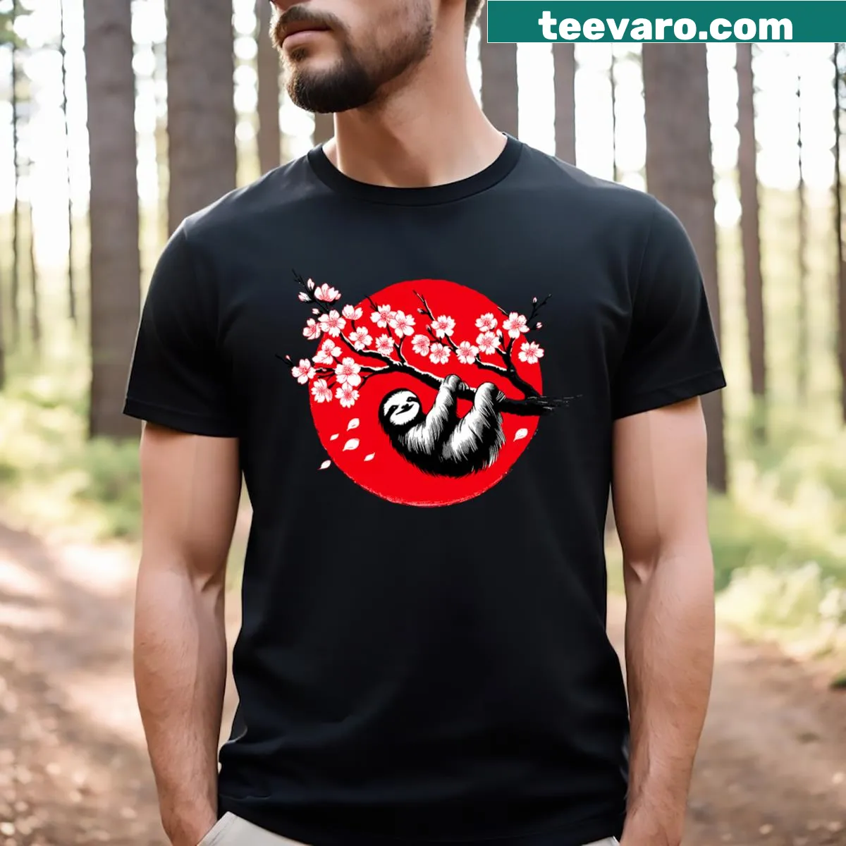Kawaii sloth T-shirt with an anime style and cherry blossoms — on a men's t-shirt