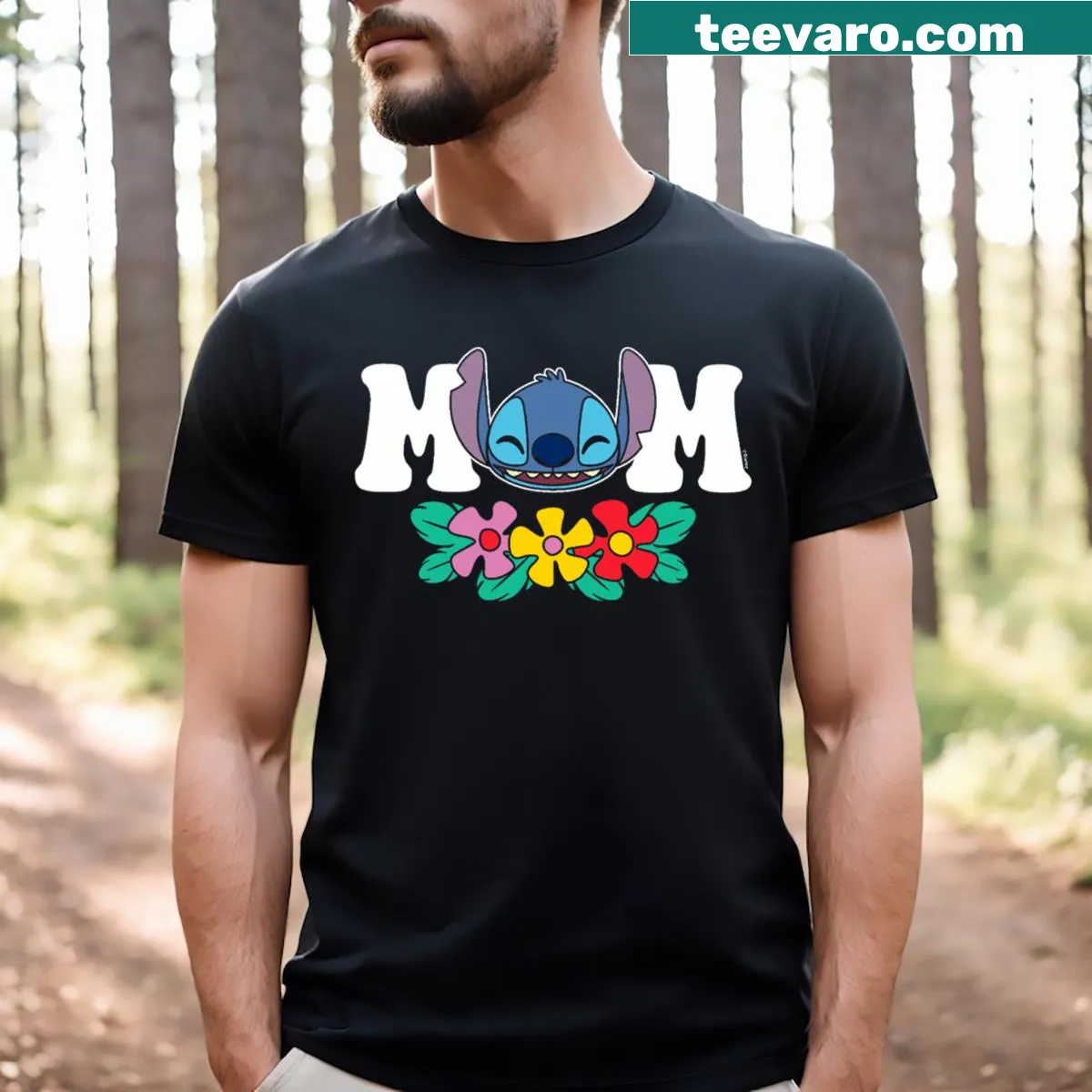T-shirt with Lilo & Stitch mom floral design — on a men's t-shirt
