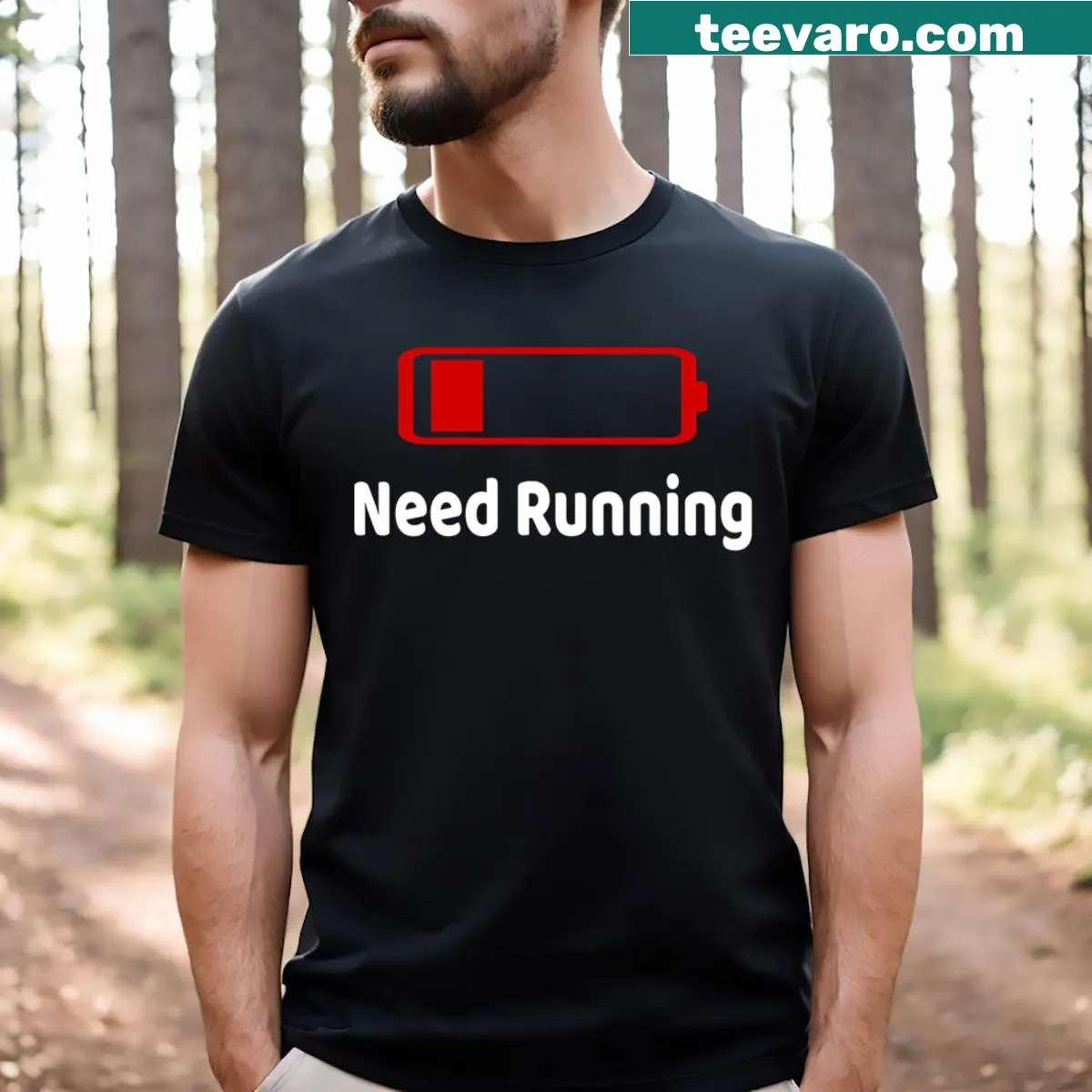 Funny t-shirt with 'Low Battery Need Running' phrase for fitness enthusiasts — on a men's t-shirt