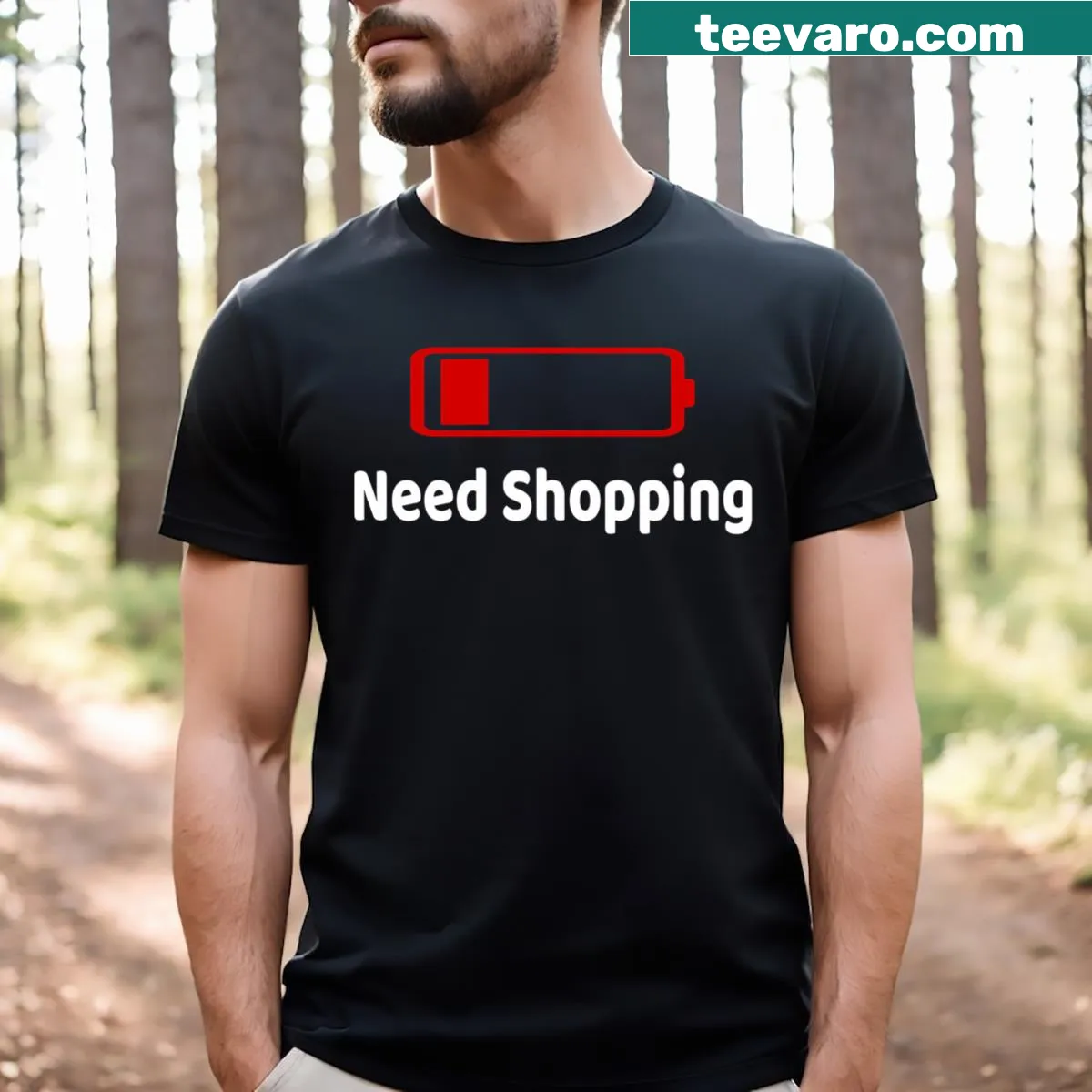 Funny shopping t-shirt with low battery graphic — on a men's t-shirt