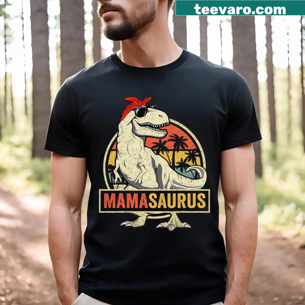 Cartoon T-Rex graphic on Mamasaurus family matching t-shirt — on a men's t-shirt