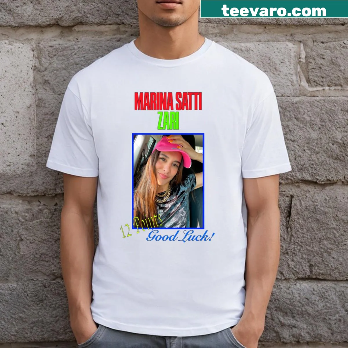 Marina Satti Eurovision 2024 t-shirt with performance-themed illustration — on a men's t-shirt