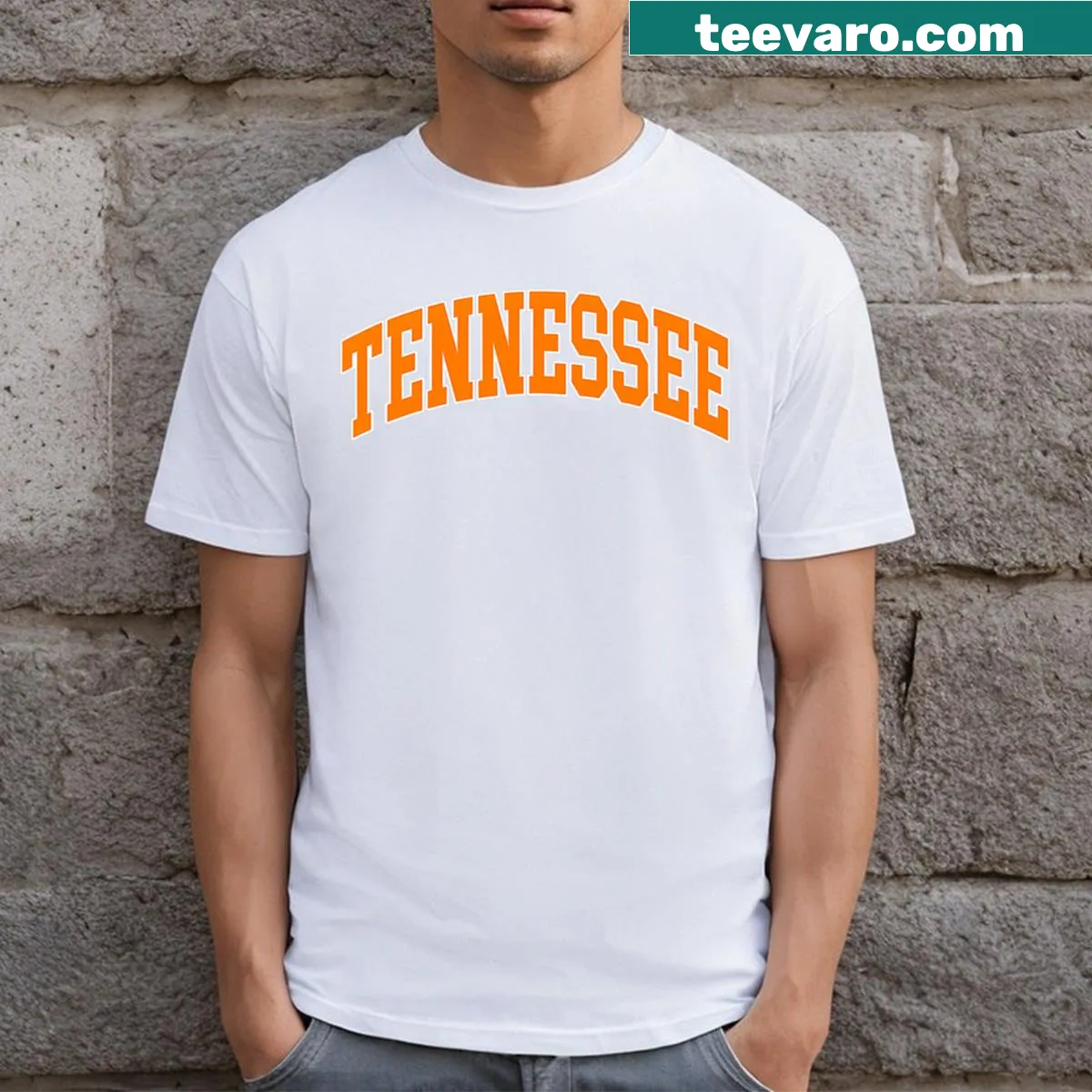 Tennessee state name design printed on a t-shirt — on a men's t-shirt