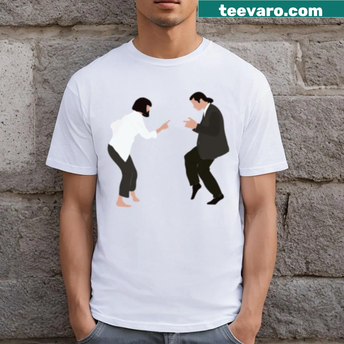 Artistic t-shirt inspired by Mia and Vincent characters — on a men's t-shirt