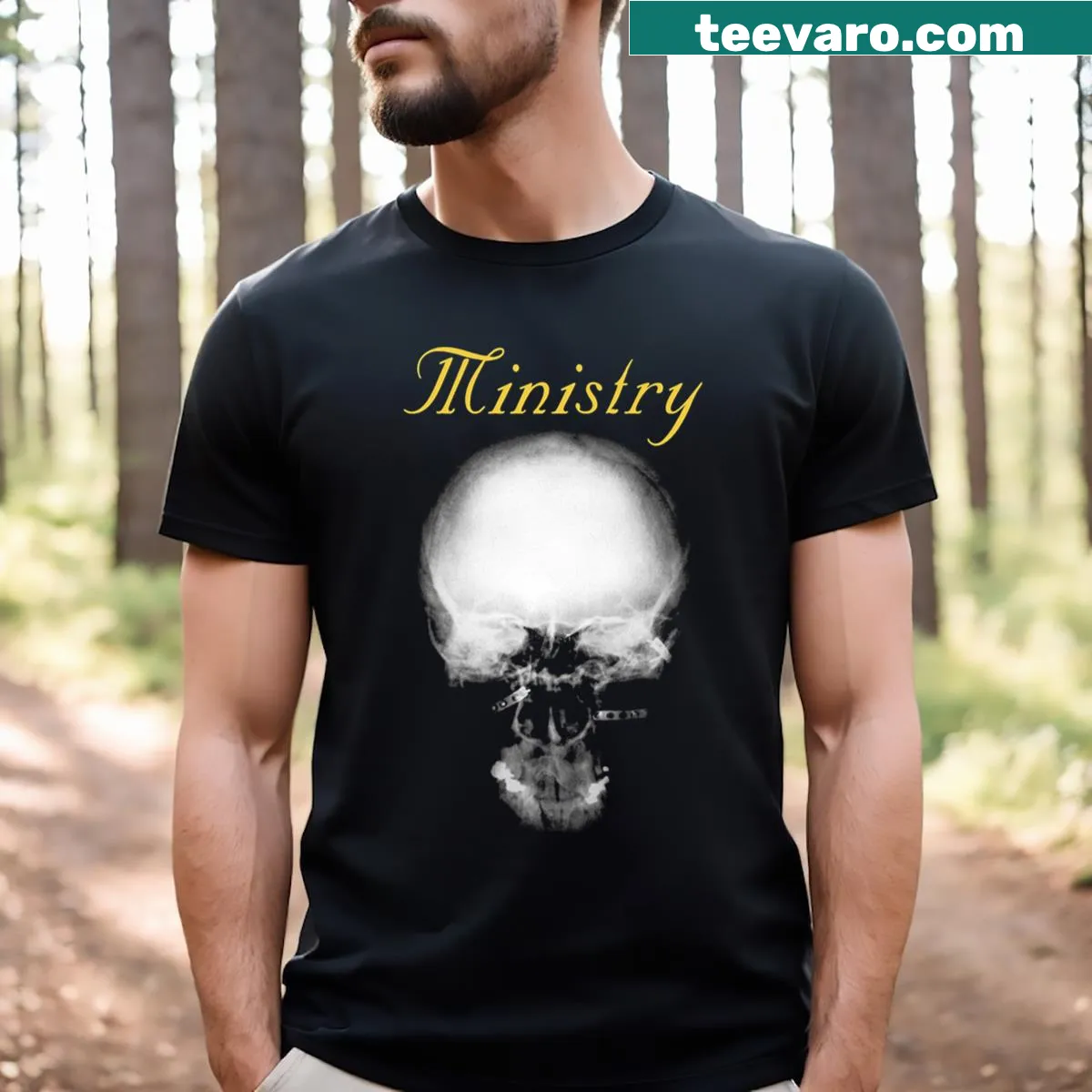 T-shirt featuring an illustration of the band Ministry for music fans — on a men's t-shirt