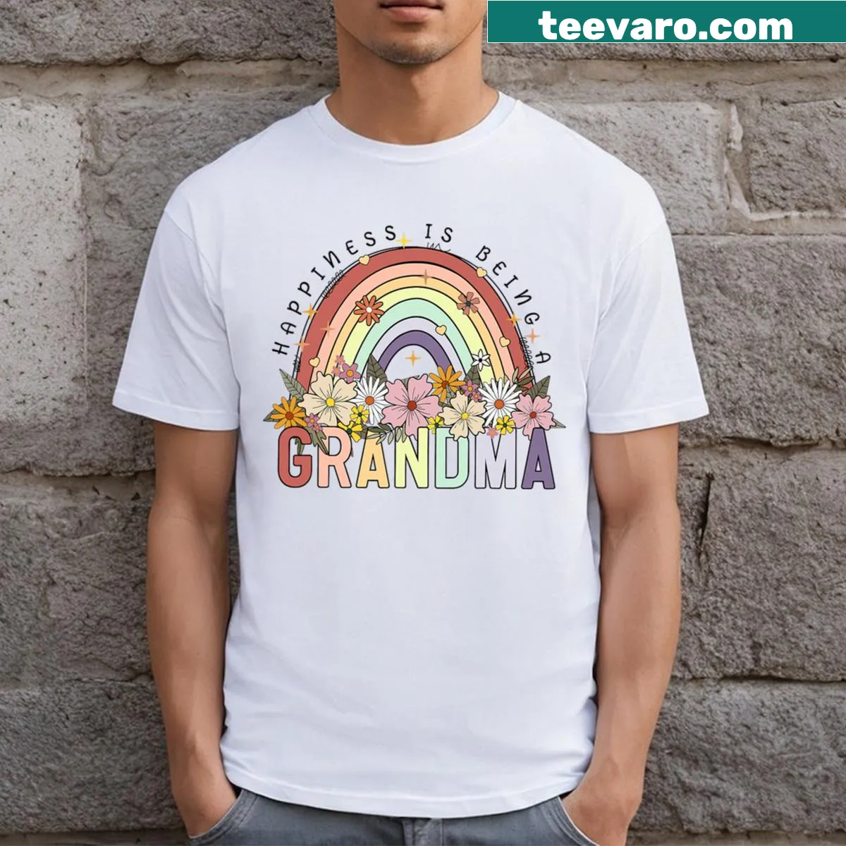 Floral Grandma Est 2024 T-shirt celebrating new grandmas — on a men's t-shirt