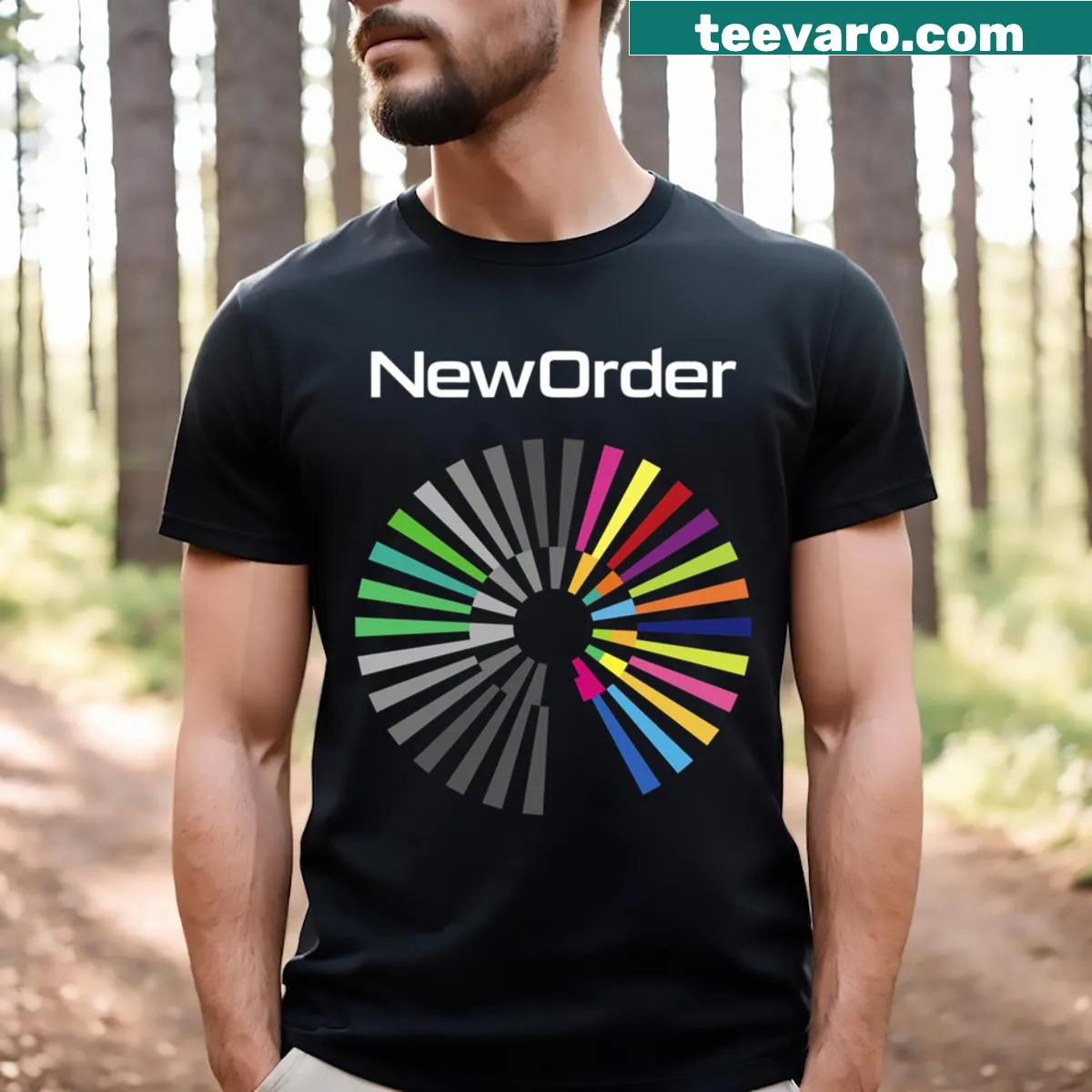Minimalist New Order T-shirt with simple typography. — on a men's t-shirt