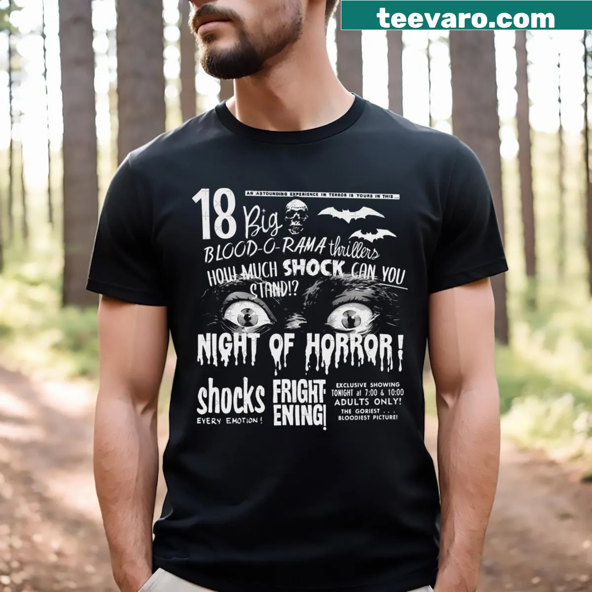 Graphic T-shirt featuring horror-themed design for spooky enthusiasts — on a men's t-shirt