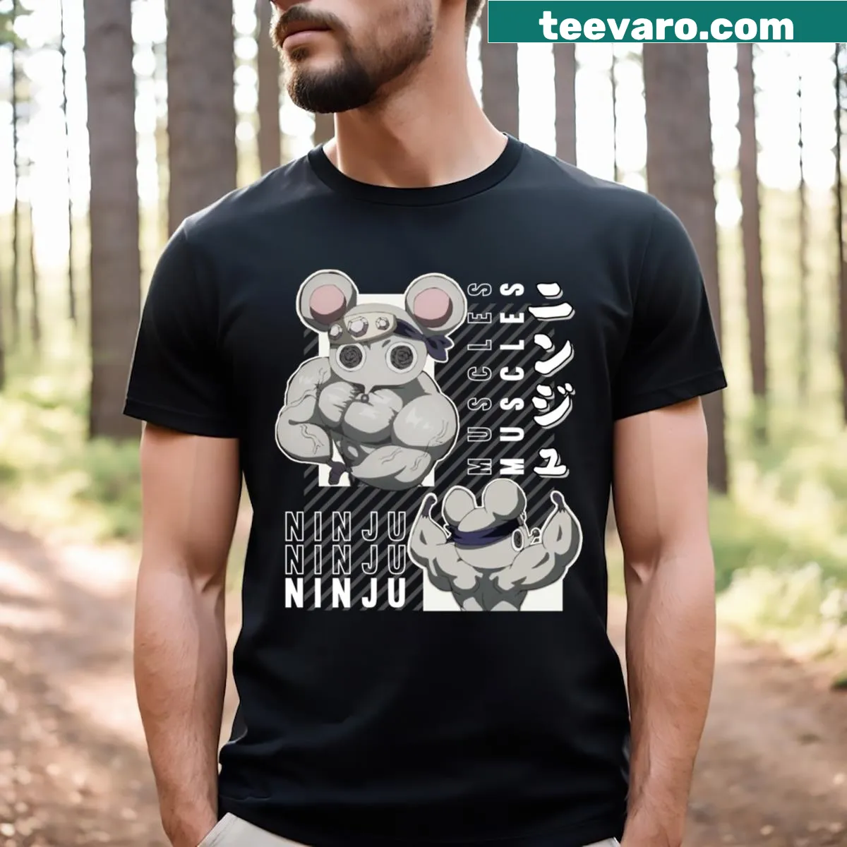 Anime-inspired T-shirt featuring cartoon muscular mice. — on a men's t-shirt