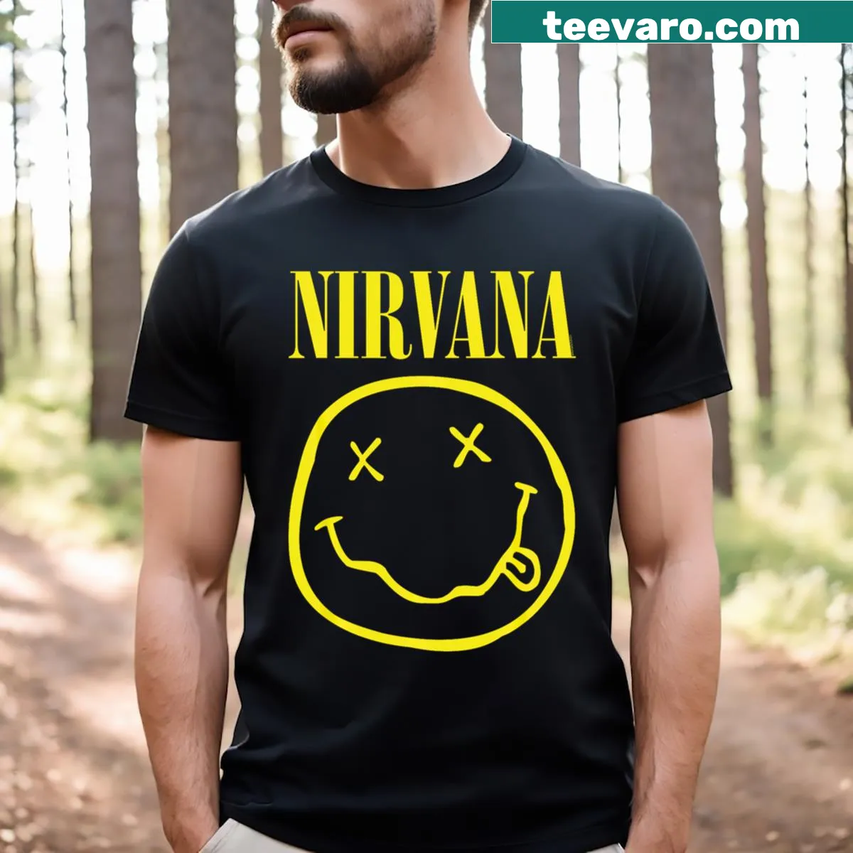 Iconic yellow happy face design from Nirvana on t-shirt — on a men's t-shirt