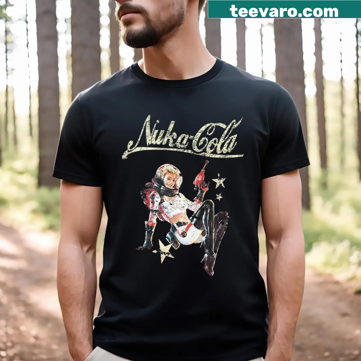 Nuka Cola-themed T-shirt with a vintage pinup illustration — on a men's t-shirt