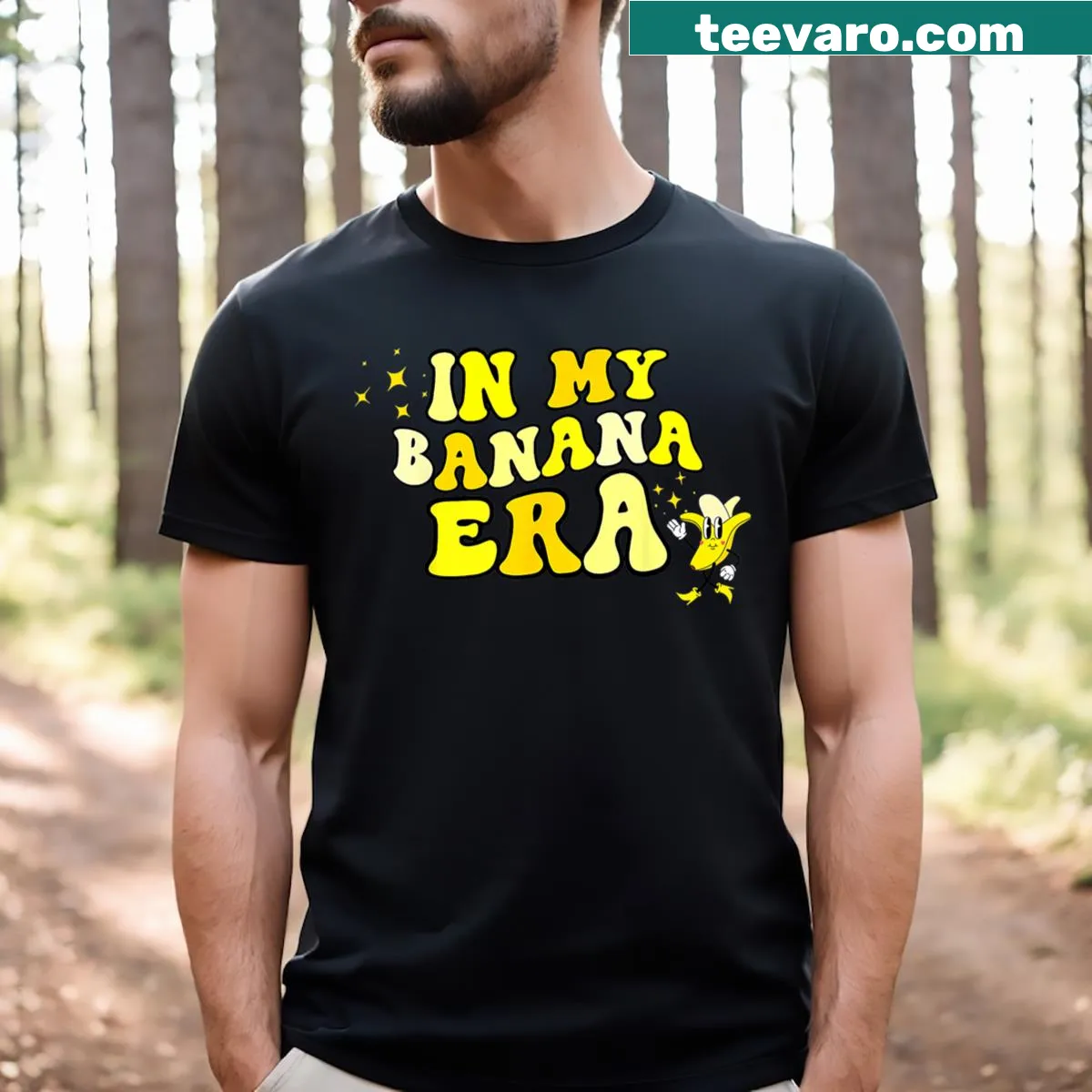Playful T-shirt featuring groovy banana graphics. — on a men's t-shirt