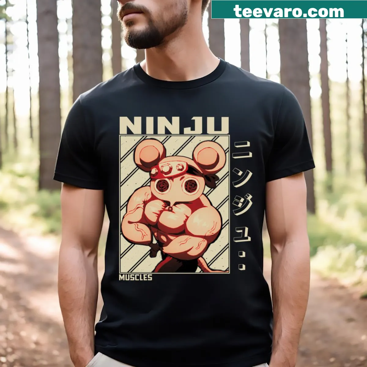 Anime-themed t-shirt featuring Ninju Muscles from Kimetsu No Yaiba — on a men's t-shirt