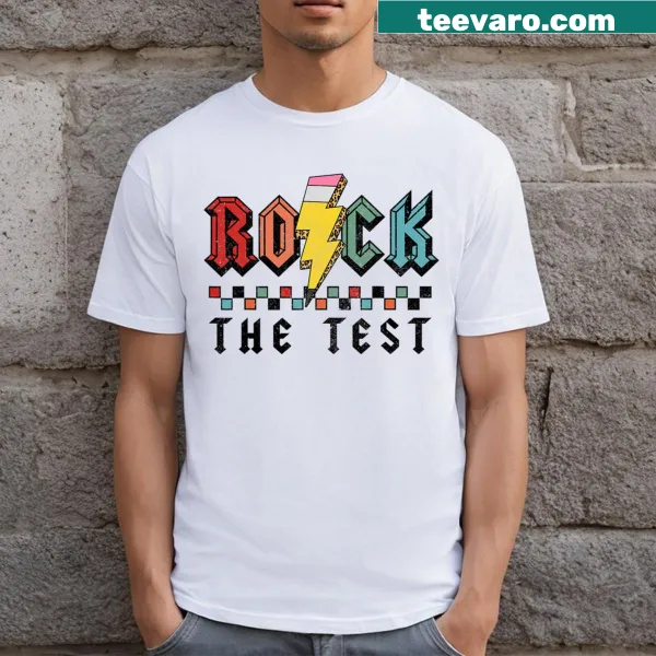 Vintage-style teacher T-shirt with 'Rock The Test' print
