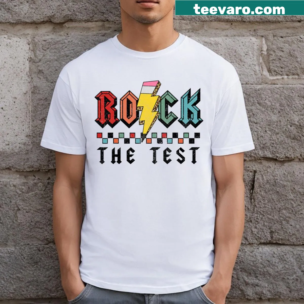 Vintage-style teacher T-shirt with 'Rock The Test' print — on a men's t-shirt