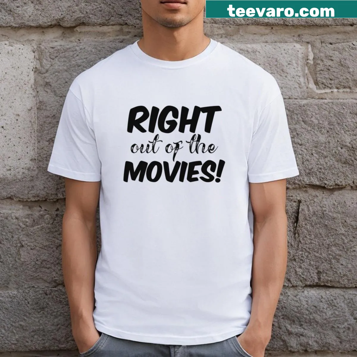 T-shirt with 'Right Out Of The Movies' graphic design — on a men's t-shirt