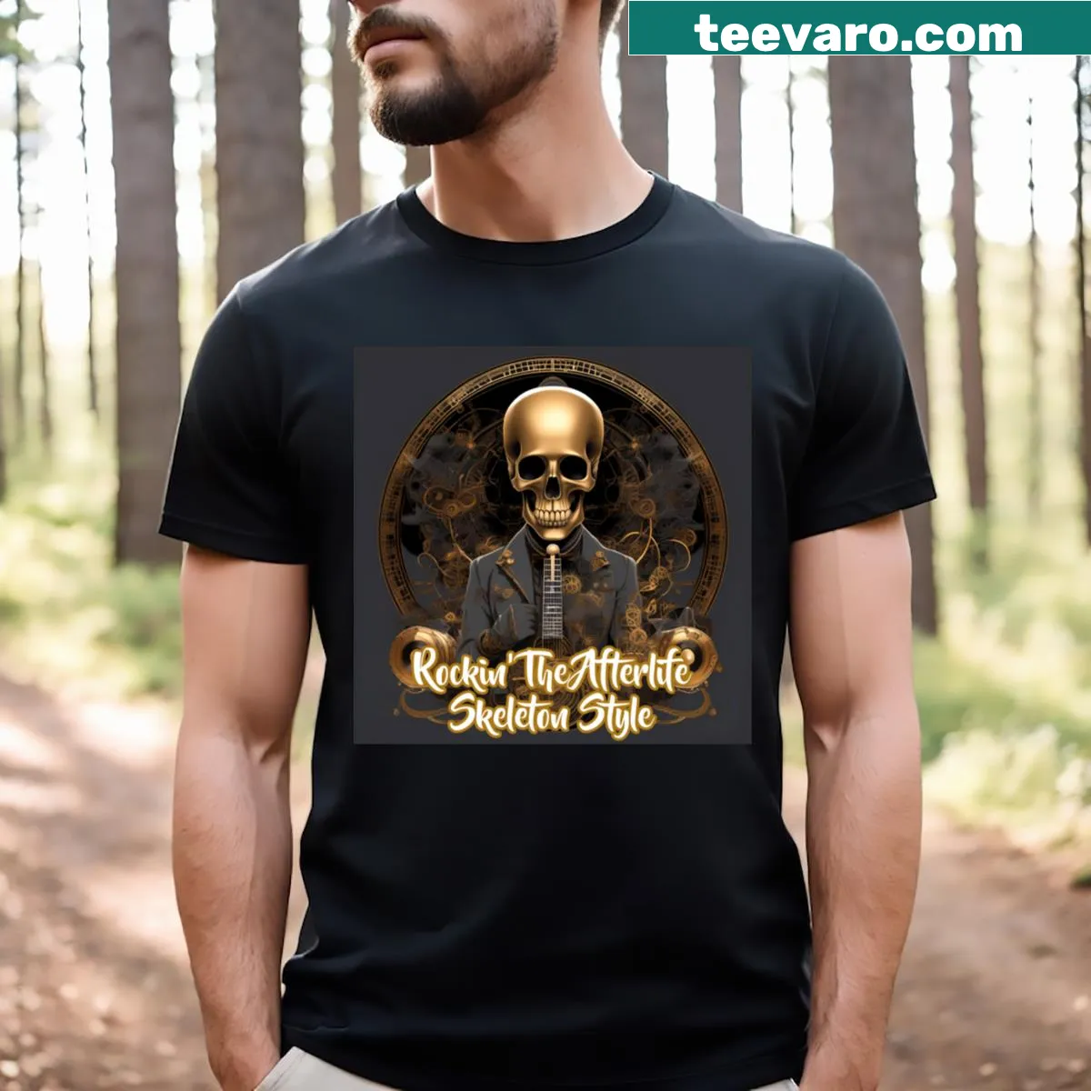 Edgy T-shirt featuring a rockin' skeleton illustration — on a men's t-shirt