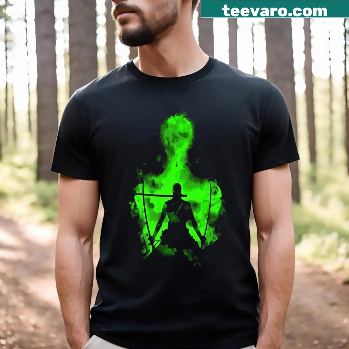 T-shirt featuring the Roronoa Zoro logo emblem — on a men's t-shirt