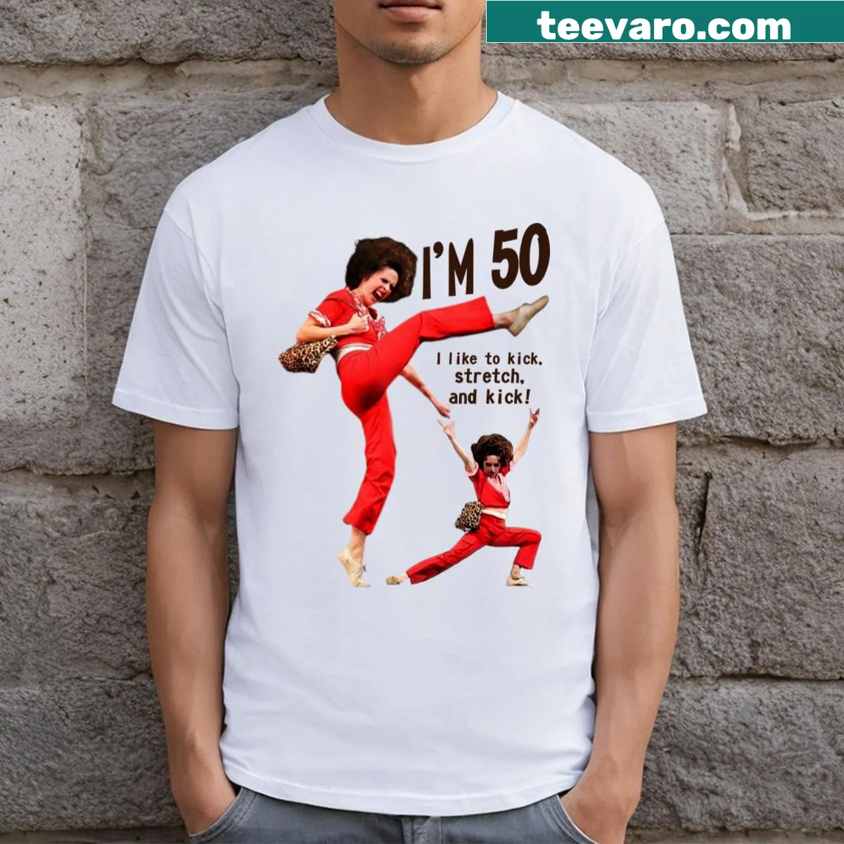 Funny 50th birthday shirt with bold text and playful design — on a men's t-shirt