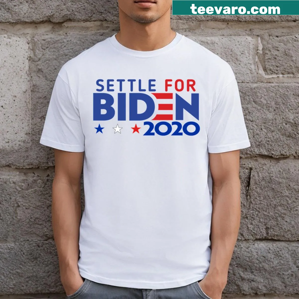 Settle For Biden 2020 T-shirt with bold political message — on a men's t-shirt