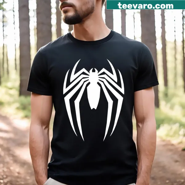 Bold spider logo graphic on a casual t-shirt