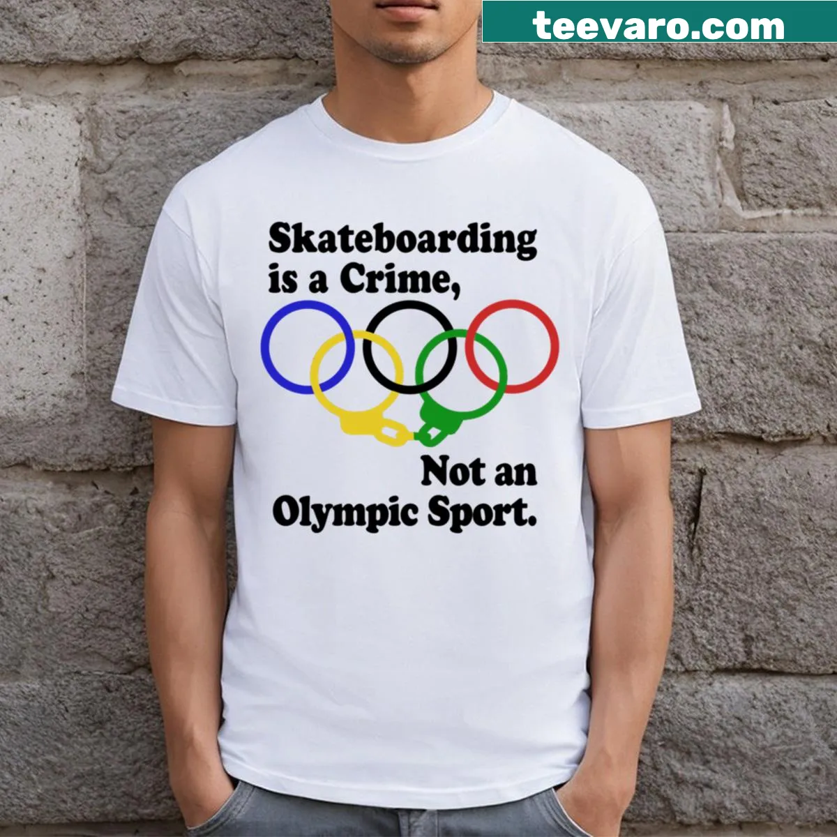 T-shirt with bold text 'Skateboarding Is A Crime' — on a men's t-shirt