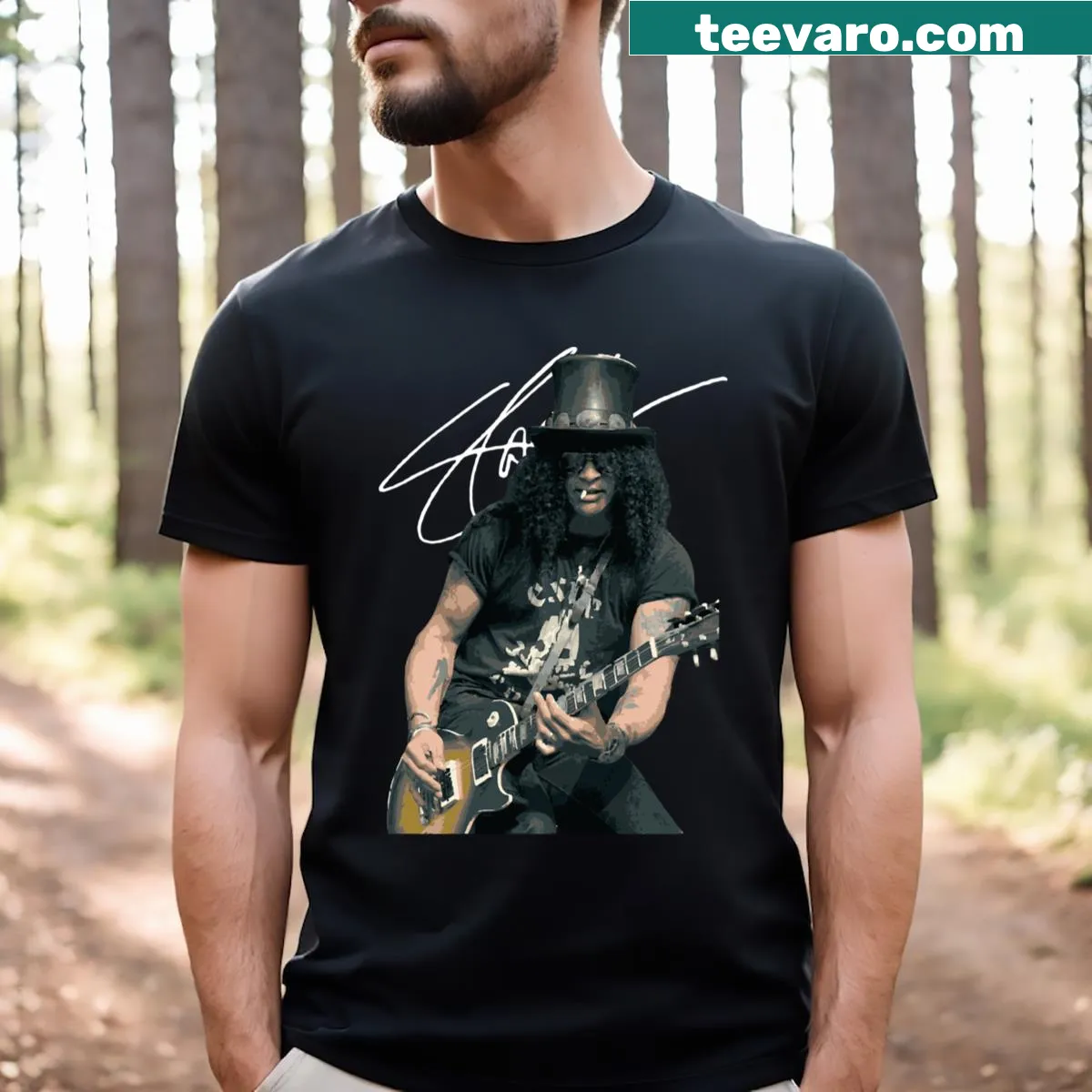 Bold graphic of an iconic guitar inspired by Slash on a T-shirt — on a men's t-shirt