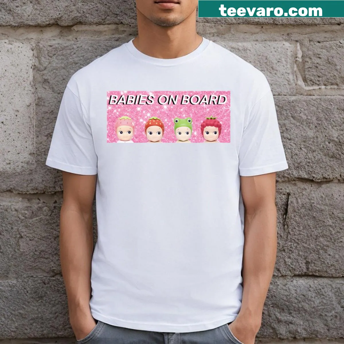 Cute Sonny Angel characters featured on a T-shirt with bumper sticker style — on a men's t-shirt