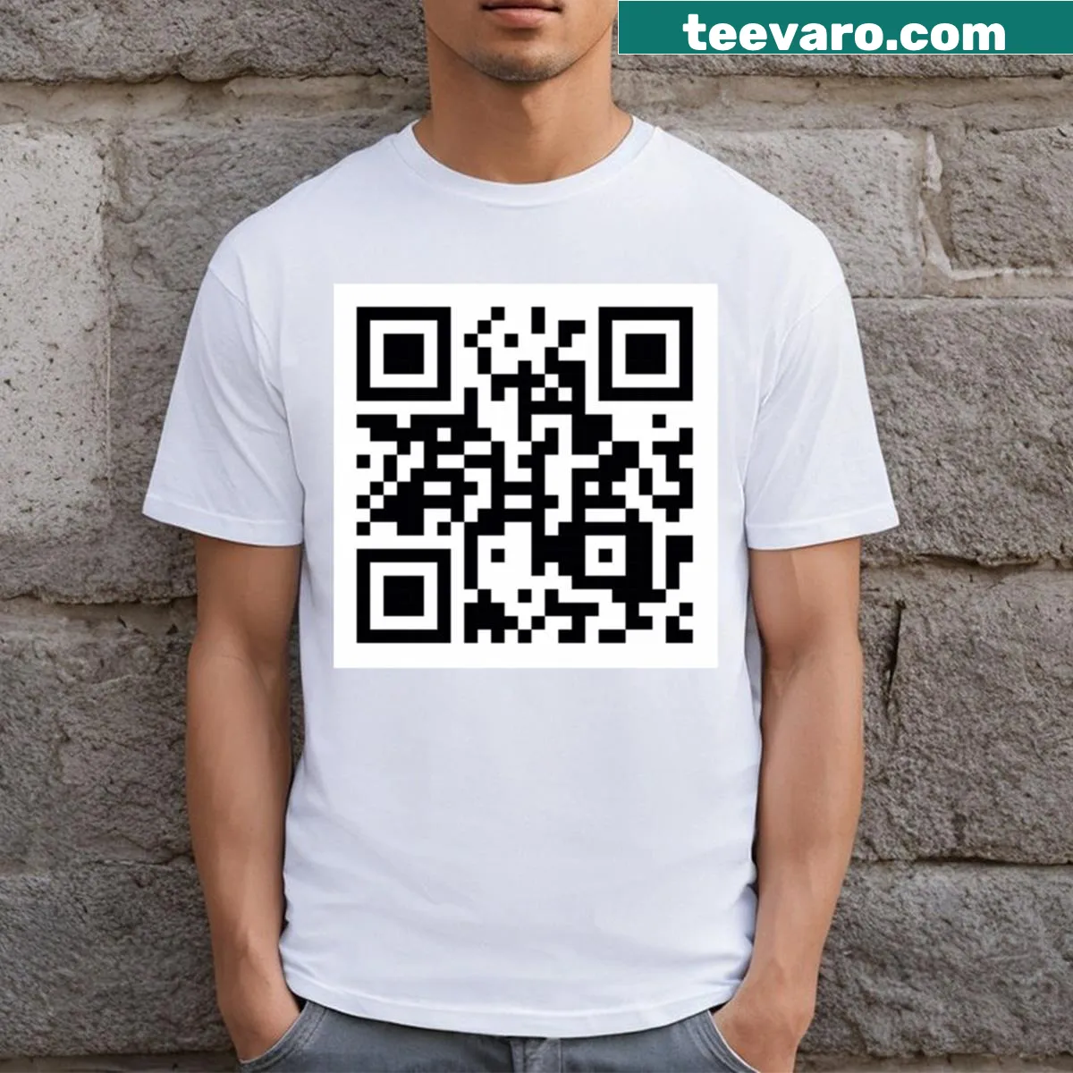 T-shirt featuring a QR code linking to Squid Game theme song — on a men's t-shirt