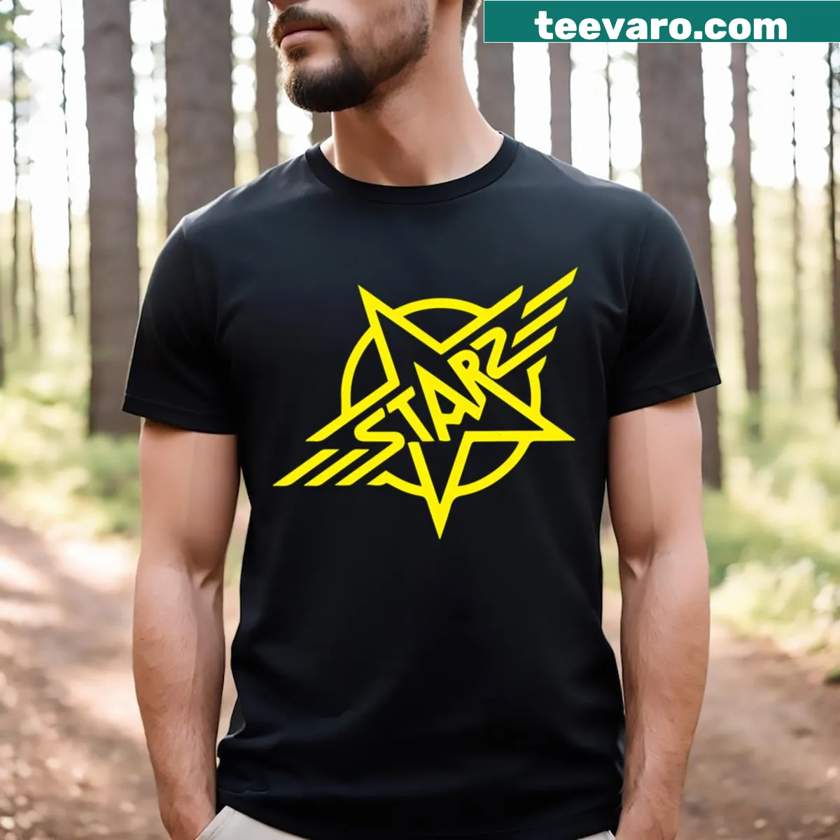 T-shirt featuring whimsical star-themed illustrations — on a men's t-shirt